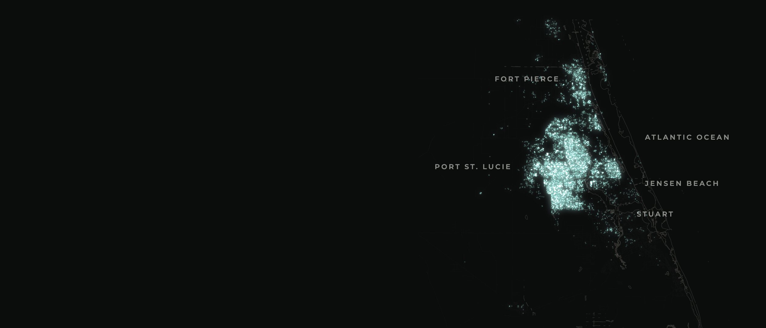 Map of St. Lucie and Martin County with 12,966 glowing dots, one for each property report Brent Sharp completed for one national valuation firm, densest across Port St. Lucie and Fort Pierce